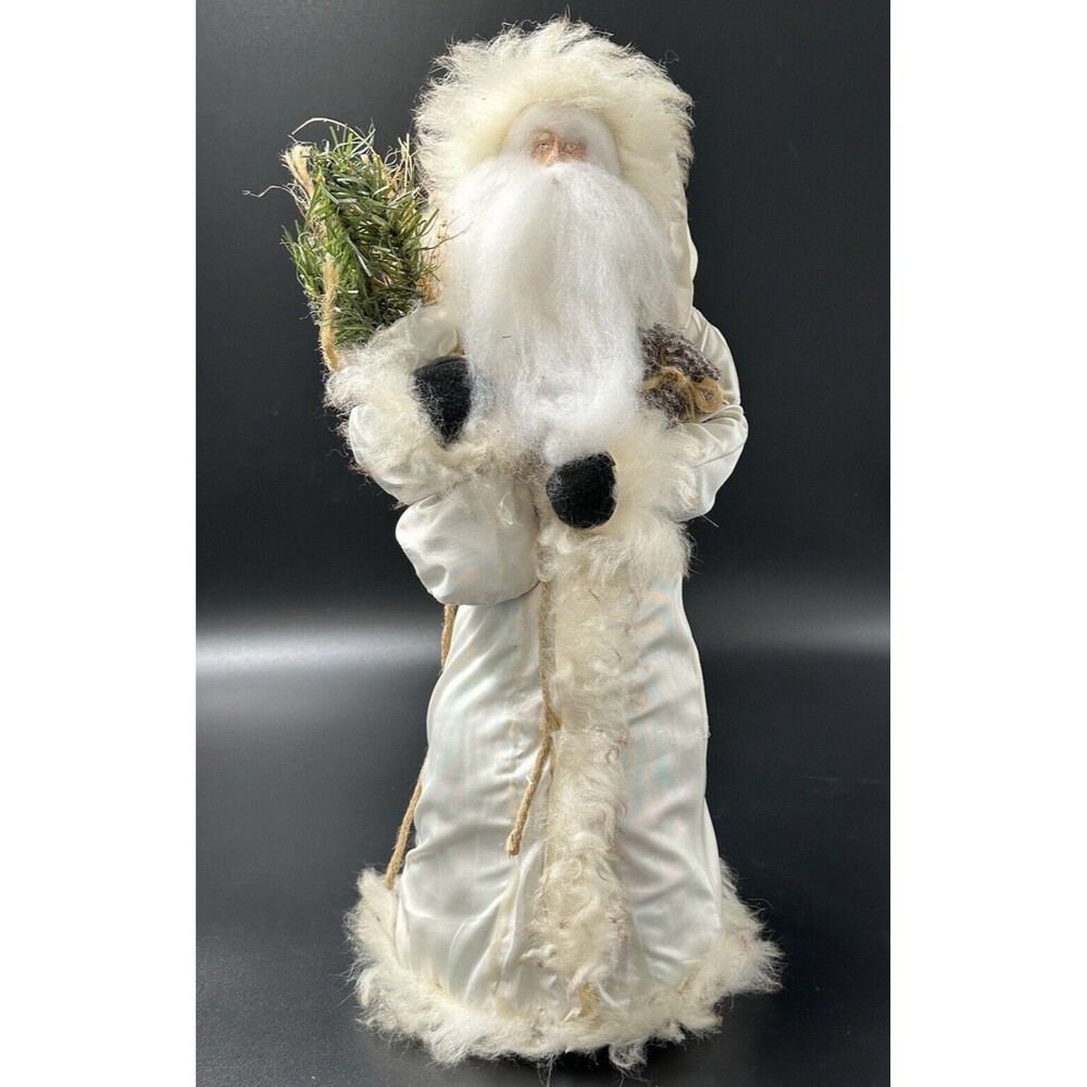 Off White Satin Santa with Fur Trim Black Mittens Bag of Twigs and Cedar 18.5 in
